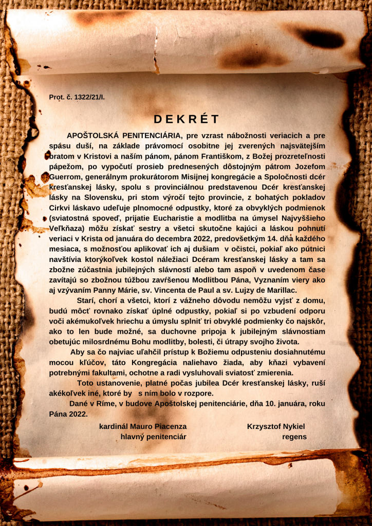 Dekrét APOŠTOLSKEJ PENITENCIÁRIE k 100. výročiu